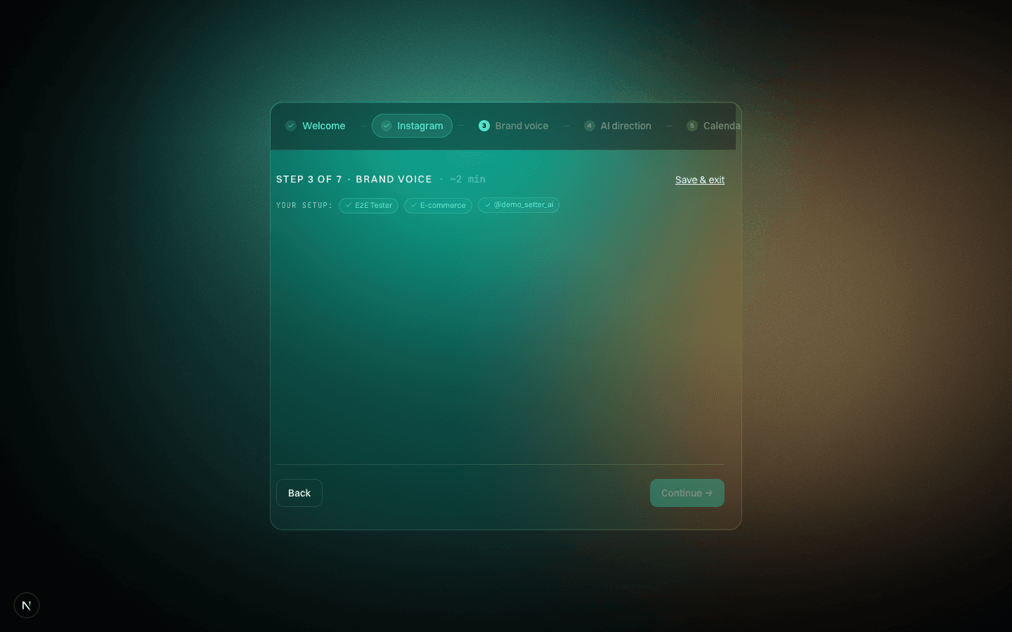 Setup step 3, the Brand voice screen: DOMS drafts your voice from your recent posts, with your setup so far shown as ticks at the top.