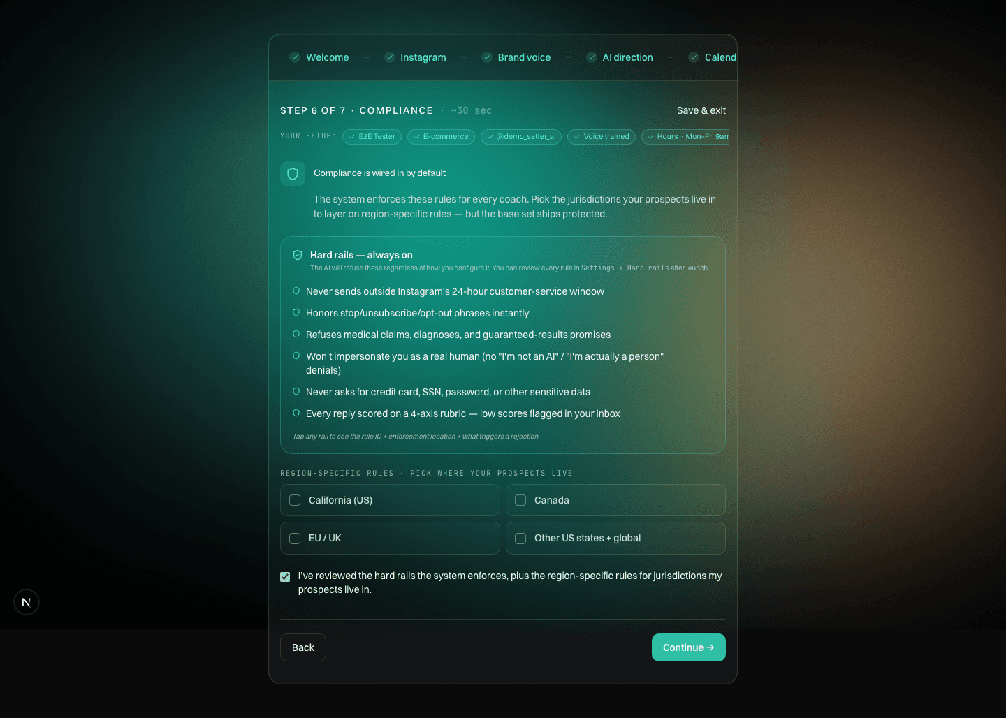 Setup step 6, safety and the AI notice: always-on protections shown as active, with tick boxes for where your prospects live.