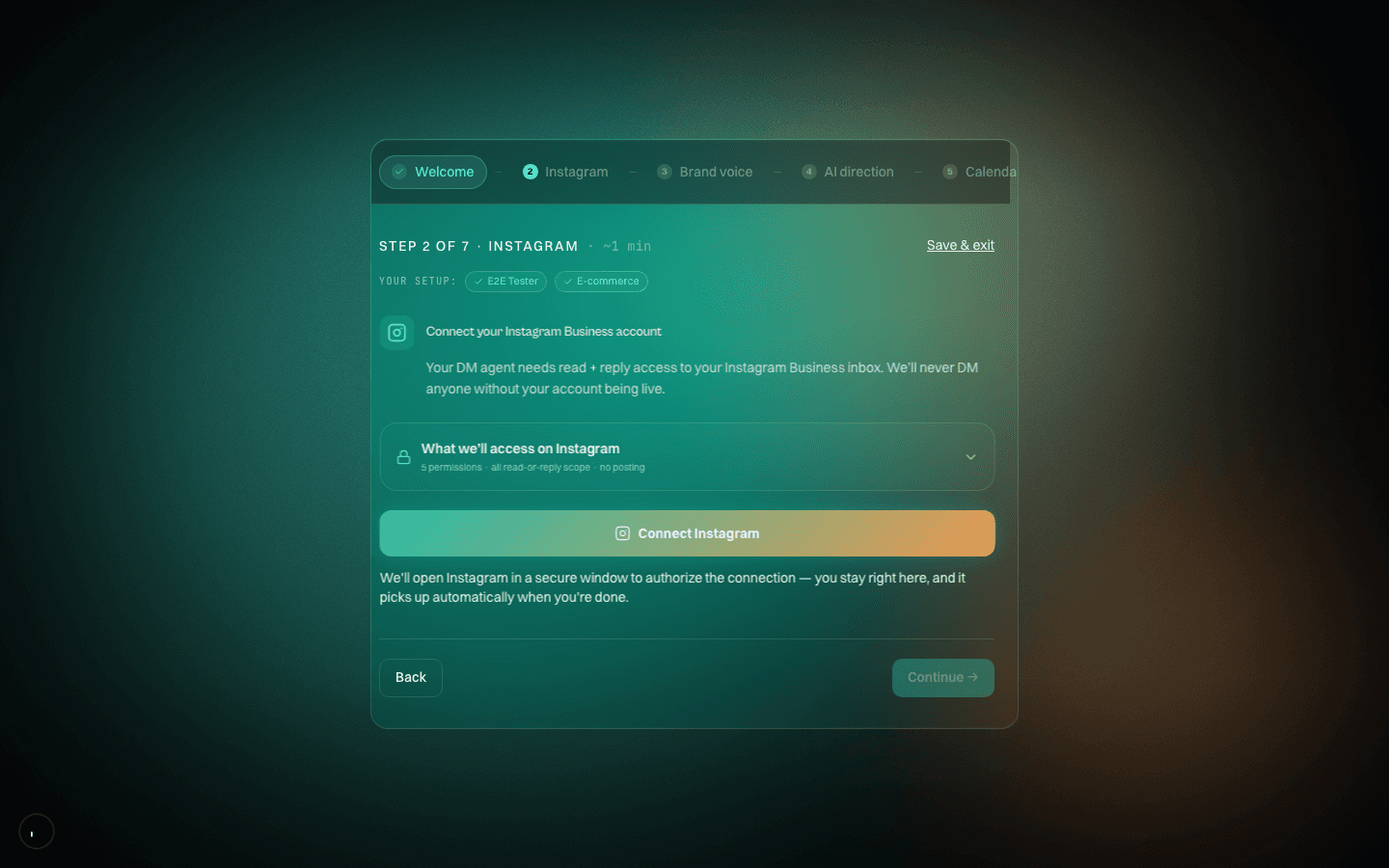 The DOMS setup screen for connecting your Instagram Business account, with a plain list of what it can and cannot do.