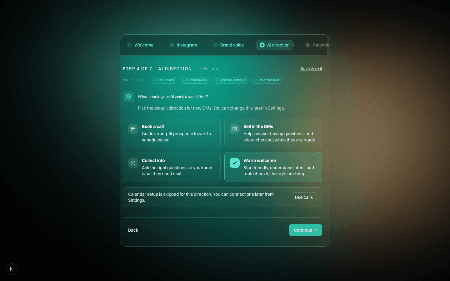 The DOMS setup screen where you pick a direction: book a call, sell in the DMs, collect info, or a warm welcome.