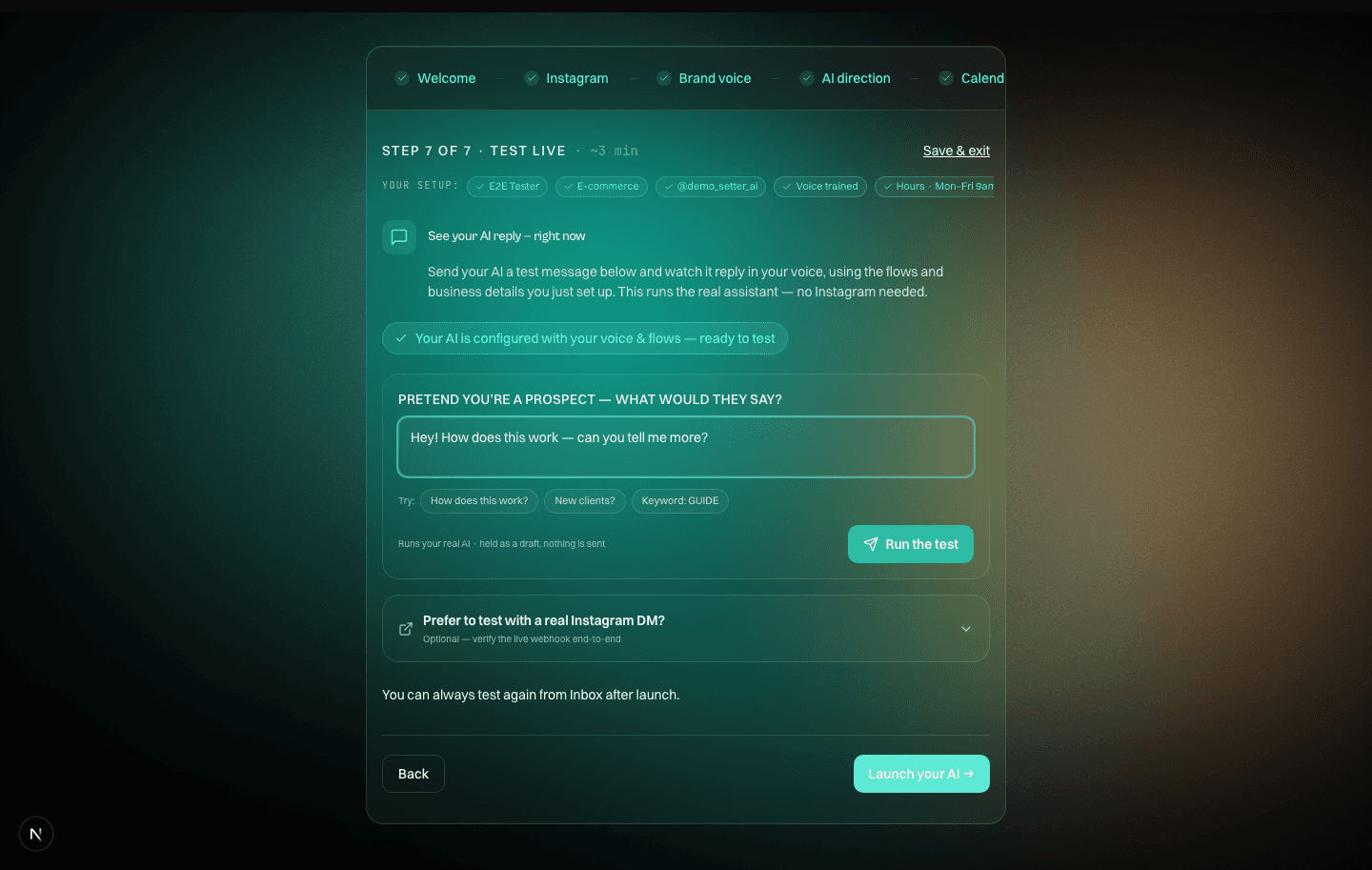 The DOMS setup screen where you send a test message and watch the AI reply in your voice before anything goes live.
